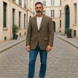 Lands End‎ Blazer Sport Coat Mens 41L Brown Herringbone Wool Two Button Classic